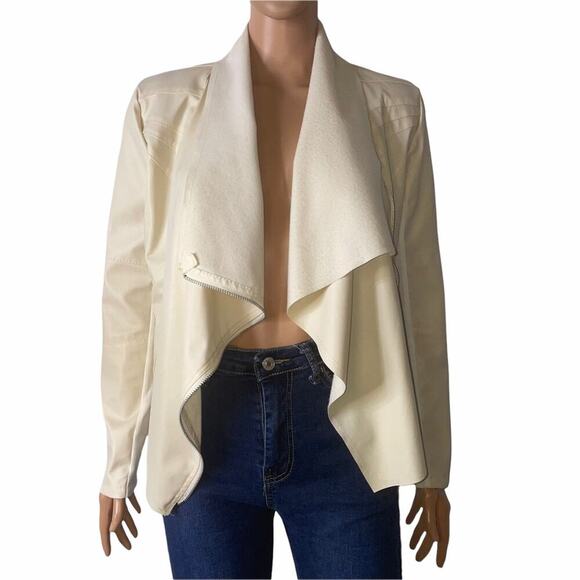 Cream/Vanilla colored jacket pleather draped open front asymmetrical zip SZ Sm - Picture 3 of 13